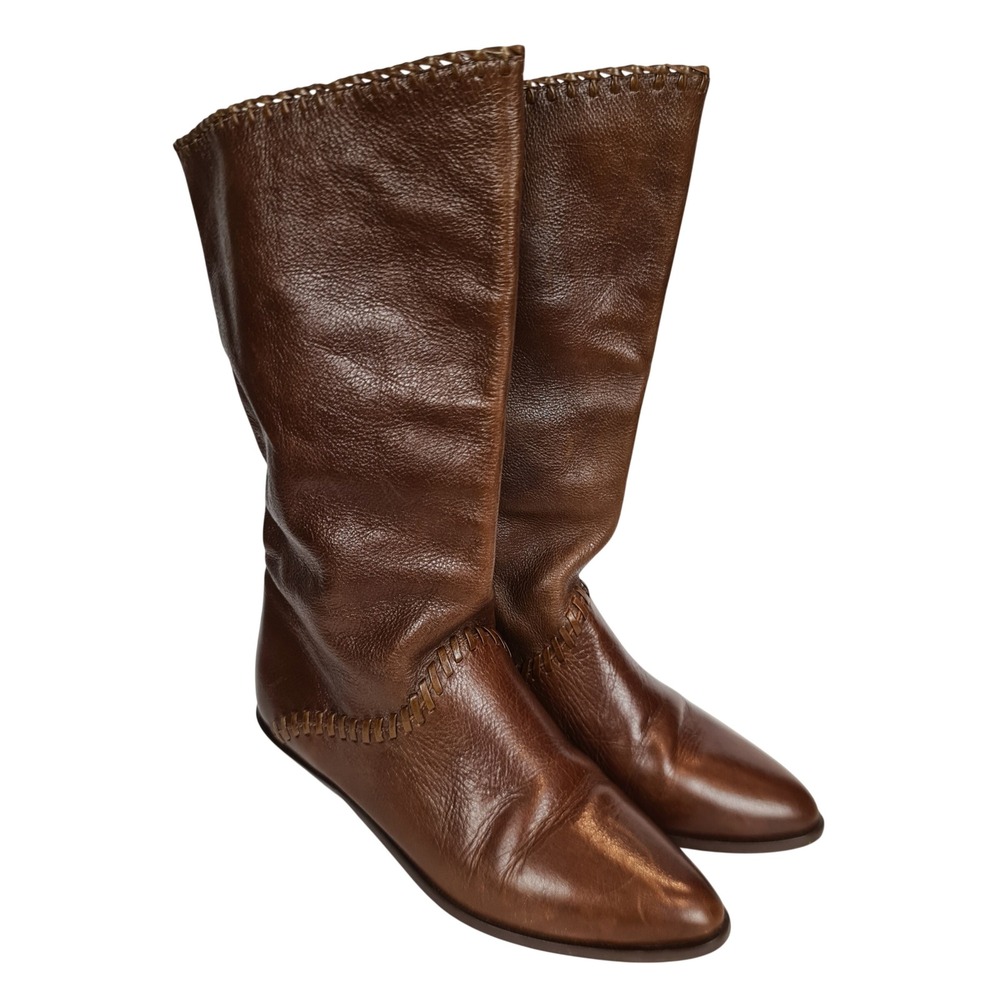 Connie Vintage Brown Leather Slouch Tall Boots 7B Pointed Toe Whipstitch Brazil